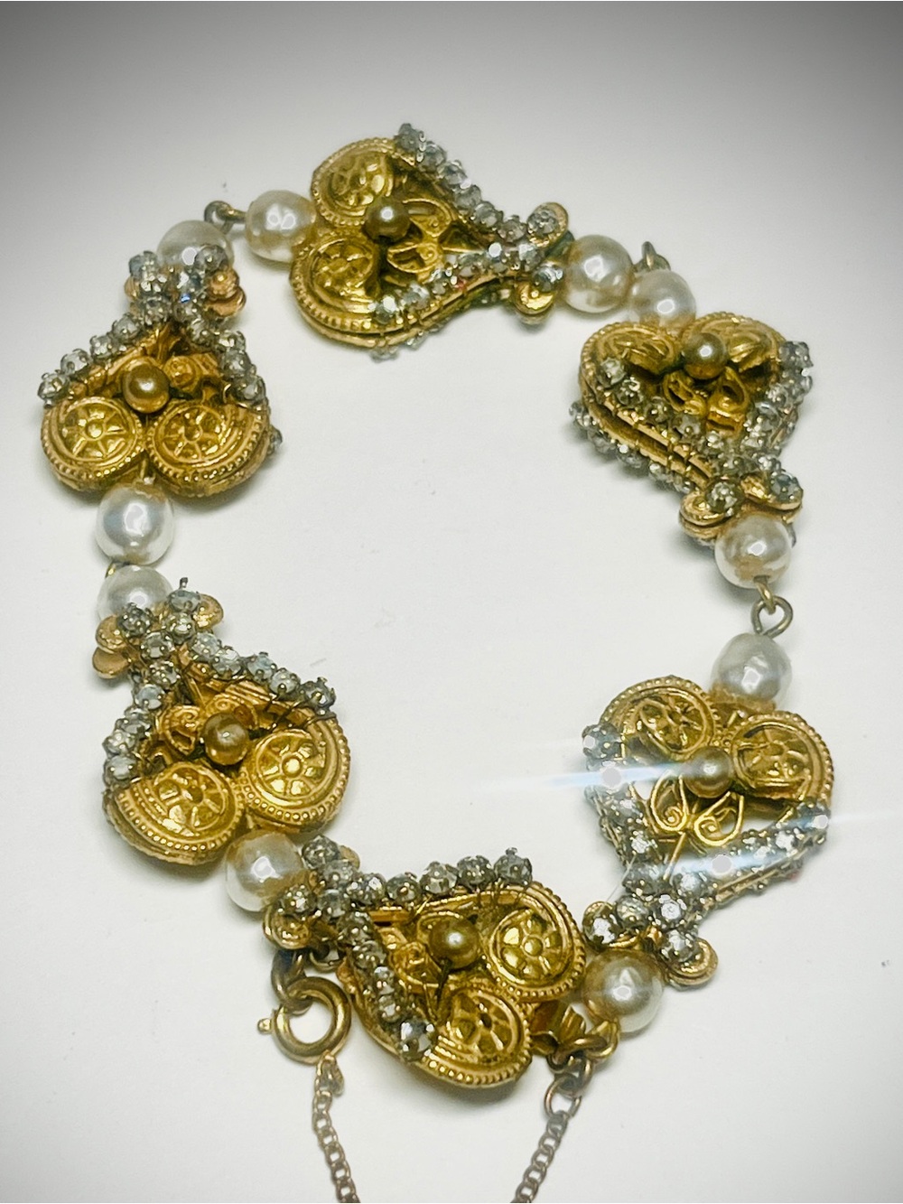 Miriam Haskell SIGNED | 1950s VTG Bracelet| Russian Gold Rhinestone Faux Pearl